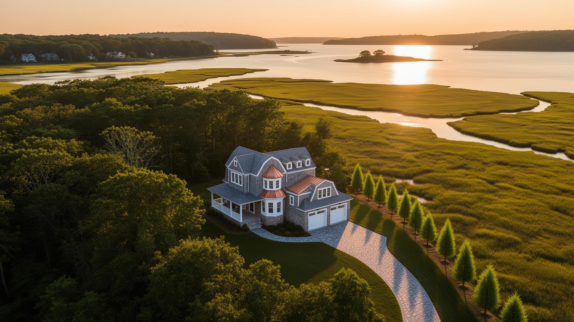Aerial drone view of 100 Pine Top Road at golden hour, showing the shingle-style home on its wetland-buffered peninsula over One Hundred Acre Cove